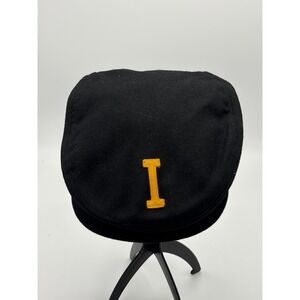 Vintage Stevens Wool Flat Cap Cabbie Hat Black Yellow "I" Iowa Size 7 USA‎ Made